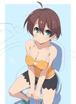  arm_support bare_shoulders blue_eyes blush breasts brown_hair chair cleavage hoppege large_breasts looking_at_viewer new_game! shinoda_hajime short_hair shorts smile solo 
