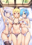  armpits arms_behind_head ass_visible_through_thighs bed bikini black_legwear blonde_hair blue_eyes blue_hair blush bow bow_bikini breasts cameltoe choker collarbone day emilia_(re:zero) felt_(re:zero) flower front-tie_top girl_sandwich hair_bow hair_flower hair_ornament hair_over_one_eye hand_on_another's_hip indoors large_breasts long_hair looking_at_viewer lying medium_breasts multiple_girls navel on_back on_bed open_mouth pillow pointy_ears purple_eyes re:zero_kara_hajimeru_isekai_seikatsu red_eyes rem_(re:zero) sandwiched sayika shiny shiny_skin short_hair silver_hair skindentation slingshot_swimsuit small_breasts smile sunlight swimsuit thigh_gap thighhighs underboob v window x_hair_ornament 