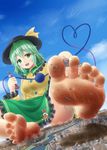  aonagi_ibane barefoot dirty_feet giantess green_eyes green_hair hakurei_reimu hat heart heart-shaped_pupils heart_of_string highres komeiji_koishi multiple_girls open_mouth panties sukuna_shinmyoumaru symbol-shaped_pupils touhou underwear white_panties 