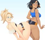 2girls :p ass-to-ass black_hair blue_eyes blush breasts brown_eyes cleavage dark_skin greenmarine lips medium_breasts mercy_(overwatch) multiple_girls naughty_face overwatch pharah_(overwatch) short_hair smile sweat thick_thighs thighs tongue tongue_out 