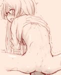  1girl ahashi arm_support back from_behind glasses heart-shaped_pupils long_hair looking_at_viewer looking_back monochrome open_mouth penetration saliva sitting sketch spread_legs sweat symbol-shaped_pupils trembling 