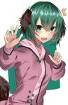  1girl animal_ears blush commentary dog_ears dog_tail dress fang green_eyes green_hair highres kasodani_kyouko long_sleeves looking_at_viewer onineko-chan open_mouth pink_dress short_hair solo sweat tail touhou upper_body 