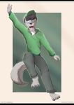  anthro canine clothed clothing einshelm eyewear fangs fur glasses hat looking_at_viewer male mammal simple_background smile solo teeth tongue wolf 