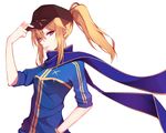  artoria_pendragon_(all) baseball_cap blonde_hair blue_eyes blue_scarf fate_(series) hair_between_eyes hand_in_pocket hand_on_headwear hat jacket mysterious_heroine_x parted_lips ponytail rojiura_satsuki:_chapter_heroine_sanctuary scarf shiguru sidelocks simple_background solo track_jacket weapon white_background 