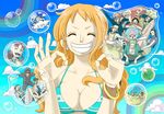  6+boys bangle bellemere bikini_top blue_sky bracelet breasts brook bubble cleavage closed_eyes cloud coin commentary dr._nako earrings franky genzo_(one_piece) grin happy_birthday in_bubble jewelry kyakya large_breasts laughing long_hair monkey_d_luffy multiple_boys multiple_girls nami_(one_piece) nico_robin nojiko one_piece pose rainbow roronoa_zoro sanji sky smile stud_earrings tony_tony_chopper usopp 