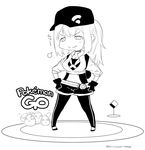  1girl backpack bag baseball_cap breasts chibi exeggcute female_protagonist_(pokemon_go) hat long_hair monochrome mudou_eichi nintendo pokemon pokemon_go simple_background smile solo white_background 