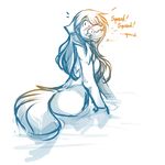  bathing bite blush breasts butt canine ears_back featureless_breasts female hair keidran long_hair looking_back mammal monochrome natani nude restricted_palette rubber_duck side_boob simple_background sketch solo sound_effects surprise tom_fischbach twokinds water wet white_background wolf 
