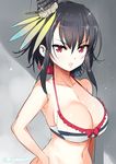  bare_shoulders bikini black_hair breasts cleavage commentary_request hair_ornament hand_on_hip kantai_collection large_breasts naitou_ryuu navel open_mouth red_eyes short_hair short_hair_with_long_locks sidelocks solo swimsuit yamashiro_(kantai_collection) 