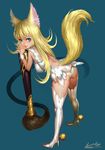  animal_ears ankle_bell ariverkao artist_name ass backless_dress backless_outfit bangs bell bent_over blonde_hair blue_background blue_eyes breasts calligraphy_brush closed_mouth dress eyelashes fox_ears fox_girl fox_tail from_above from_behind full_body hair_between_eyes high_heels large_breasts legs_apart long_hair looking_at_viewer microdress original oversized_object paintbrush panties pointing revealing_clothes signature simple_background sleeveless sleeveless_dress smile solo sphere spread_fingers standing tail thighhighs underwear upskirt white_dress white_legwear white_panties wrist_cuffs 