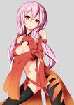  bad_id bad_pixiv_id bare_shoulders black_legwear breasts center_opening cleavage covered_nipples detached_sleeves elbow_gloves fedsnk fingerless_gloves gloves guilty_crown hair_ornament hairclip highres looking_at_viewer medium_breasts navel pink_hair red_eyes solo twintails yuzuriha_inori 