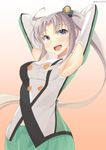  akitsushima_(kantai_collection) armpit_cutout armpits arms_behind_head arms_up bad_id bad_pixiv_id grey_hair kankitsunabe_(citrus) kantai_collection long_hair military military_uniform open_mouth purple_eyes side_ponytail solo uniform 