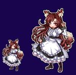  alternate_costume animal_ears apron boots breasts brown_eyes brown_footwear brown_hair cross-laced_footwear dress enmaided frilled_dress frills imaizumi_kagerou juliet_sleeves lace-up_boots long_hair long_sleeves lowres maid medium_breasts petticoat pixel_art puffy_sleeves simple_background skirt_hold standing tail touhou underbust unk_kyouso v very_long_hair wolf_ears wolf_tail 