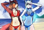  anthro armpits beach bikini breasts clothing cloud duo eyes_closed fangs feline female looking_at_viewer mammal naomy navel outside seaside smile standing swimsuit teeth tiger wide_hips 