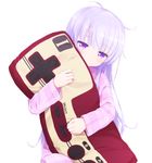 blush body_pillow controller famicom game_console game_controller haribote_(tarao) long_hair looking_at_viewer messy_hair new_game! pajamas purple_eyes purple_hair sitting solo suzukaze_aoba 