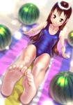  arm_support bare_legs barefoot beach blue_swimsuit blush brown_eyes brown_hair collarbone feet flat_chest food fruit highres legs long_hair old_school_swimsuit one-piece_swimsuit original school_swimsuit sitting smile soles solo soon swimsuit toes towel watermelon 