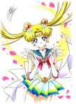  bishoujo_senshi_sailor_moon blonde_hair blue_eyes blue_sailor_collar bow brooch choker cowboy_shot crescent crescent_earrings double_bun earrings elbow_gloves gloves hair_ornament hairpin heart heart_choker jewelry long_hair looking_at_viewer magical_girl marco_albiero marker_(medium) multicolored multicolored_clothes multicolored_skirt petals pleated_skirt red_bow sailor_collar sailor_moon sailor_senshi_uniform signature skirt smile solo super_sailor_moon tiara traditional_media tsukino_usagi twintails white_background white_gloves yellow_choker 