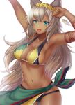  :d absurdres animal_ears arm_ribbon arm_up armpits bad_revision bangs bikini breasts cat_ears clenched_hand collarbone cowboy_shot dark_skin downscaled_revision erune eyebrows eyebrows_visible_through_hair feathers flower granblue_fantasy green_eyes grey_hair groin hair_between_eyes hair_feathers hair_flower hair_ornament halterneck hand_up head_wreath highres large_breasts long_hair looking_at_viewer md5_mismatch mizya multi-strapped_bikini navel nemone open_mouth ribbon sarong shiny shiny_skin sideboob simple_background smile solo stomach string_bikini swimsuit underboob very_long_hair white_background 