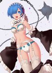  ball_and_chain black_ribbon blue_eyes blue_hair blush bow bow_bra bow_panties bra breasts chain detached_collar detached_sleeves eyelashes floral_print frilled_bra frills garter_belt hair_ornament hair_over_one_eye hair_ribbon hairband hairclip lace lace-trimmed_thighhighs light_particles looking_at_viewer loose_clothes maid medium_breasts navel neck_ribbon panties re:zero_kara_hajimeru_isekai_seikatsu rem_(re:zero) ribbon salmon88 short_hair skirt skirt_pull sleeves_past_wrists smile solo spikes stomach thighhighs underwear underwear_only weapon white_bra white_legwear white_panties x_hair_ornament 
