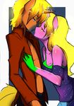  anthro breasts clothed clothing duo equine female half-closed_eyes horn male male/female mammal naomy open_mouth open_shirt simple_background unicorn 