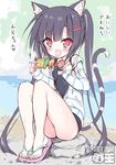  animal_ears black_hair blush cat_ears dengeki_moeou dokidoki_sister_aoi-chan eating food full_body hair_ornament hairclip jacket kohinata_aoi_(dokidoki_sister_aoi-chan) legs long_hair open_clothes open_jacket open_mouth outdoors red_eyes rock sandals school_swimsuit sitting smile solo stream sweat swimsuit swimsuit_under_clothes tail takahashi_tetsuya toes translated twintails very_long_hair water watermark 