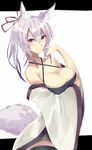  :| animal_ears bare_shoulders black_legwear breast_hold breasts cleavage closed_mouth commentary_request cowboy_shot criss-cross_halter fox_ears fox_girl fox_tail hair_ribbon halter_top halterneck highres large_breasts lavender_hair letterboxed long_sleeves looking_at_viewer onineko-chan original ponytail purple_eyes red_ribbon ribbon short_eyebrows short_hair solo tail thighhighs wide_sleeves zettai_ryouiki 