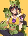  baseball_cap black_legwear blue_eyes blush brown_hair bulbasaur cellphone choker female_protagonist_(pokemon_go) fingerless_gloves gen_1_pokemon gloves grin hat hat_removed headwear_removed holding holding_cellphone holding_phone leggings long_hair norimaki_(seidan0611) on_head one_eye_closed petting phone pokemon pokemon_(creature) pokemon_go pokemon_on_head pokemon_on_lap pokemon_on_shoulder ponytail smartphone smile yellow_background 