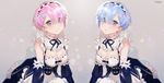  3: alternate_breast_size apron artist_name bad_id bad_twitter_id blue_eyes blue_hair breasts cleavage hair_ornament highres maid maid_apron maid_headdress medium_breasts mery_(apfl0515) multiple_girls pink_eyes pink_hair ram_(re:zero) re:zero_kara_hajimeru_isekai_seikatsu rem_(re:zero) short_hair siblings signature sisters twins x_hair_ornament 