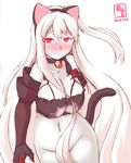  aircraft_carrier_hime animal_ears artist_name bare_shoulders bell bell_choker bell_collar black_bra blush bra breasts cat_cutout cat_ears cat_lingerie cat_tail choker cleavage cleavage_cutout collar collarbone dated fake_animal_ears frilled_bra frills gauntlets hand_on_breast highres kanon_(kurogane_knights) kantai_collection large_breasts long_hair looking_at_viewer meme_attire navel no_panties one_side_up red_eyes shinkaisei-kan simple_background smile solo stomach tail underwear underwear_only very_long_hair white_background white_hair white_skin 