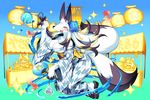  black_hair blush breasts cleavage closed_eyes daji fan fish fullbokko_heroes furry holding large_breasts long_sleeves multicolored_hair multiple_tails official_art open_mouth sandals solo_focus tail white_hair 
