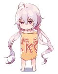  ahoge barefoot chibi collarbone depressed dsmile eyebrows eyebrows_visible_through_hair frown full_body jitome long_hair looking_down low_twintails md5_mismatch nude purple_eyes scrunchie senki_zesshou_symphogear solo twintails very_long_hair white_background white_hair yukine_chris 