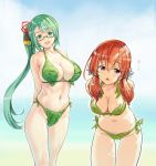  .live 2girls :d ? arms_behind_back bangs bell bikini black-framed_eyewear breasts collarbone eyebrows_visible_through_hair glasses green_bikini green_eyes green_hair hair_bell hair_between_eyes hair_ornament hair_over_shoulder hair_ribbon highres jingle_bell kagura_suzu_(.live) kitakami_futaba kiyama_satoshi large_breasts leaf_bikini leaning_forward long_hair looking_at_viewer medium_breasts multiple_girls navel open_mouth purple_eyes red_hair red_ribbon ribbon semi-rimless_eyewear side-tie_bikini side_ponytail smile swimsuit traditional_media triangle_mouth twintails under-rim_eyewear very_long_hair virtual_youtuber 