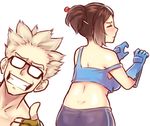  1girl :d bare_shoulders beads bespectacled black-framed_eyewear blue_gloves blue_legwear breasts brown_hair closed_eyes eyewear_switch fingerless_gloves from_behind glasses gloves green_gloves grin hair_bun hair_ornament hair_stick hands_up junkrat_(overwatch) large_breasts looking_at_viewer mei_(overwatch) off_shoulder open_mouth overwatch pants short_hair sieyarelow simple_background smile spiked_hair strap_slip tank_top thumbs_up white_background 