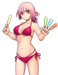  bikini breasts cleavage fate/grand_order fate_(series) florence_nightingale_(fate/grand_order) folded_ponytail food large_breasts long_hair looking_at_viewer navel parted_lips pink_hair popsicle purple_bikini red_eyes simple_background solo swimsuit tia_(cocorosso) white_background 