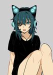  alternate_costume animal_ears axent_wear cat_ear_headphones cat_ears eyepatch fang green_eyes green_hair grey_background headphones jewelry kantai_collection kiso_(kantai_collection) messy_hair necklace open_mouth shirt short_hair sitting sketch solo sugimoto_(niboshiumai) t-shirt 