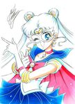  ;d \m/ bishoujo_senshi_sailor_moon blue_eyes blue_sailor_collar blue_skirt bow brooch cape choker cowboy_shot crescent crescent_earrings double_bun earrings elbow_gloves gloves hair_ornament hairpin jewelry long_hair magical_girl marco_albiero marker_(medium) mask one_eye_closed open_mouth pleated_skirt red_bow red_cape red_choker sailor_collar sailor_moon sailor_senshi_uniform signature skirt smile solo takeuchi_naoko_(style) tiara traditional_media tsuki_ni_kawatte_oshioki_yo tsukino_usagi twintails white_background white_bow white_gloves white_hair 