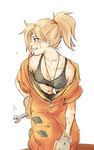  anco_(platanity) bare_shoulders blonde_hair blue_eyes blush bracer collarbone dog_tags eyebrows eyebrows_visible_through_hair flying_sweatdrops gloves hair_ornament hair_tie jumpsuit leaning_forward mechanic mercy_(overwatch) midriff navel overwatch pink_lips ponytail shoes shorts solo sweatdrop tank_top teeth white_gloves wrench 