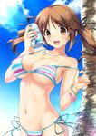  adapted_costume alternate_costume bare_arms bare_shoulders bikini bracelet breasts brown_eyes brown_hair can cleavage commentary_request gennosuke idolmaster idolmaster_cinderella_girls jewelry large_breasts long_hair looking_at_viewer navel open_mouth sideboob smile soda_can solo stomach swimsuit totoki_airi twintails underboob 