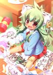  animal_ears bandaid bandaid_on_knee cat_ears crayon drawing earrings fang gloves green_hair holding jewelry kindergarten_uniform koihime_musou kuwada_yuuki long_hair moukaku official_art open_mouth paper paw_gloves paw_shoes paws red_eyes school_uniform shoes sitting skirt smile solo tail watermark 