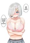  1girl black_legwear blue_eyes breast_hold breasts cleavage closed_mouth collarbone daijoubu?_oppai_momu? hair_ornament hair_over_one_eye hairclip hamakaze_(kantai_collection) hand_on_breast hand_on_own_arm hard_translated hazamanokaien holding_arm kantai_collection large_breasts looking_at_viewer nail_polish no_shirt one_eye_covered pantyhose pink_nails pleated_skirt ribbon-trimmed_bra shade short_hair silver_hair simple_background skirt smile solo speech_bubble translated upper_body white_background 