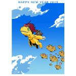  2019 agumon bandai chinese_zodiac claws creature dated digimon fangs happy happy_new_year jumping monster new_year no_humans official_art pig sky smile warthog watanabe_kenji year_of_the_pig 