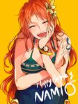  bangle bikini_top blush bracelet breasts character_name chin_rest cleavage closed_eyes flower hair_flower hair_ornament happy happy_birthday jewelry large_breasts laughing log_pose long_hair nami_(one_piece) norimaki_(seidan0611) one_piece orange_hair smile solo tattoo yellow_background 