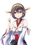  alternate_hair_length alternate_hairstyle bare_shoulders brown_eyes brown_hair detached_sleeves hair_ornament hairband hairclip haruna_(kantai_collection) headgear highres japanese_clothes kantai_collection konkito nontraditional_miko ribbon-trimmed_sleeves ribbon_trim short_hair solo 