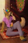  anthro canine clothed clothing einshelm erection fox hair humanoid_penis inside jewelry makeup male mammal multicolored_hair necklace penis rainbow_hair sitting smile solo 