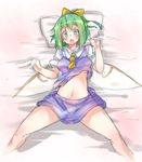  breasts daiyousei fairy fairy_wings green_eyes green_hair hair_ribbon large_breasts lying necktie open_mouth ototobe pillow ribbon shirt_lift skirt skirt_set solo tied_hair touhou wings 