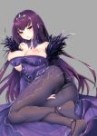  1girl bangs blush breasts breasts_outside dress fate/grand_order fate_(series) fur_trim grey_background hair_between_eyes highres inu3 large_breasts long_hair looking_at_viewer open_mouth panties panties_under_pantyhose pantyhose puffy_nipples purple_dress purple_hair red_eyes scathach_(fate)_(all) scathach_skadi_(fate/grand_order) solo tiara underwear wand 