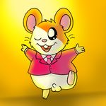  anthro balls bottomless buckteeth clothed clothing cream_fur flaccid fur hamster hamtaro hamtaro_(series) male mammal necktie nishi one_eye_closed open_mouth orange_fur penis pink_clothing rodent simple_background small_penis solo suit teeth wink yellow_background 