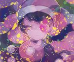  abstract_background anabone blob blue_hair commentary_request dark doremy_sweet dress hat looking_at_viewer nightcap one_eye_covered pom_pom_(clothes) protected_link short_hair smile solo touhou upper_body yellow_eyes 