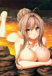  1girl amagi_brilliant_park blush breast_hold breasts female highres large_breasts light-skinned nude onsen overfiltered sento_isuzu solo wet 