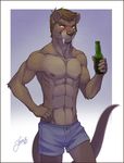  abs alcohol anthro beer beverage blush boxer_briefs clothed clothing fangs feralise hybrid jon_sanders looking_at_viewer male mammal mustelid nipples otter sabertooth_(feature) solo topless underwear 