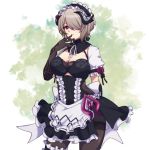  1girl apron black_gloves black_legwear breasts cleavage corset cowboy_shot dress elbow_gloves gloves grey_hair hair_over_one_eye hand_to_own_mouth honkai_impact horns maid_apron maid_headdress medium_breasts mole mole_under_eye neck_ribbon open_mouth pantyhose red_eyes ribbon rita_rossweisse short_hair soha_ez solo thigh_strap 